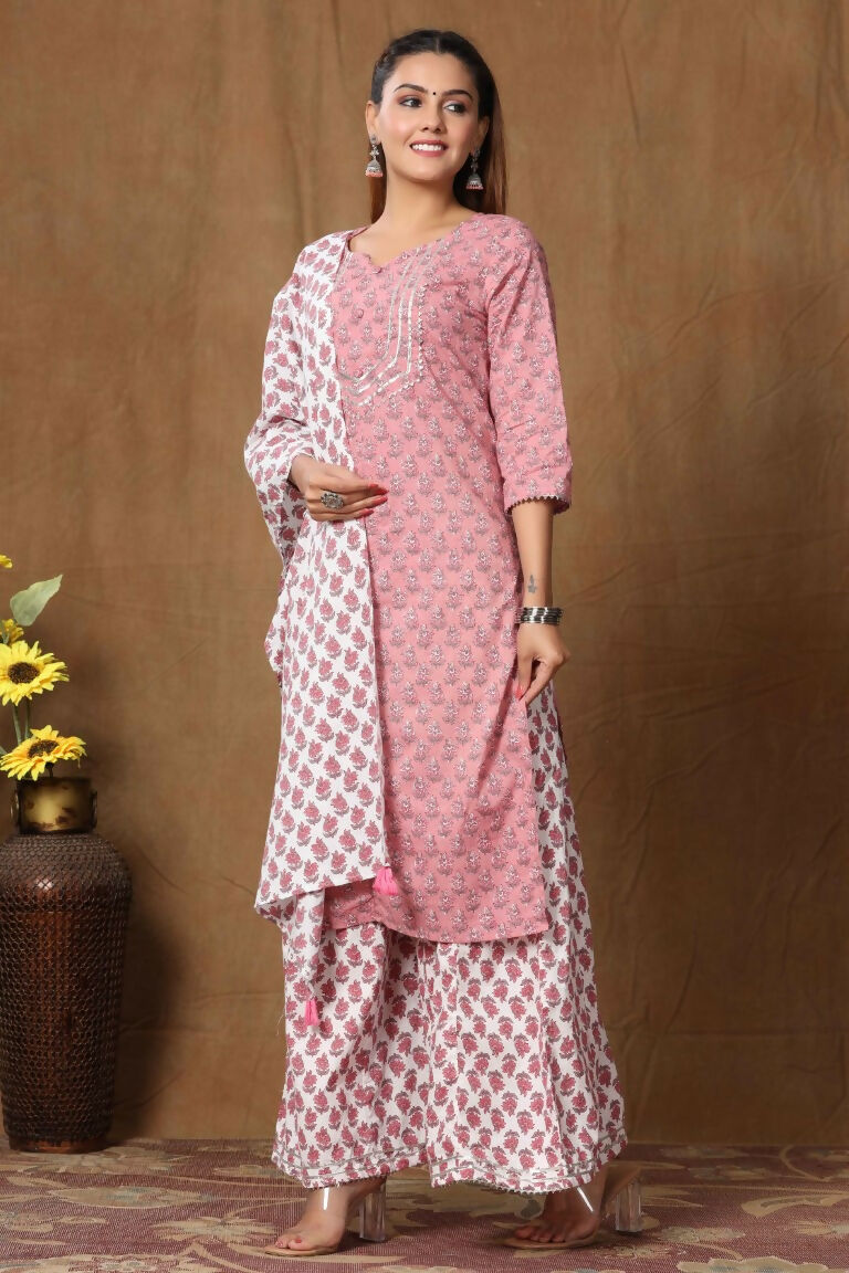 Miravan Women's Cotton Kurta With Palazzo & Dupatta Set
