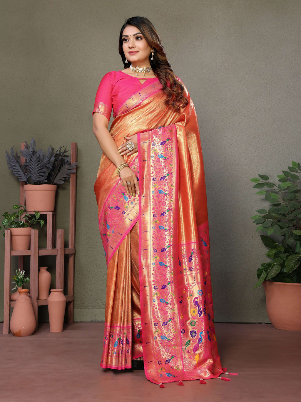 Aastha Fashion Orange Tissue Silk Paithani Woven Saree - Distacart
