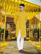 Even Apparels Men's Asymetrical Yellow Sherwani Kurta