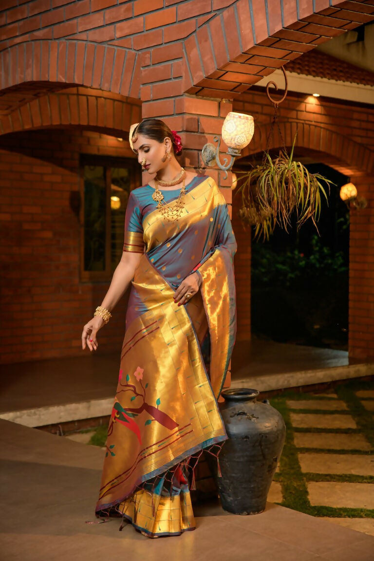 Jyoti Fashion Women's Teal Paithani Silk Zari Woven Saree with Blouse