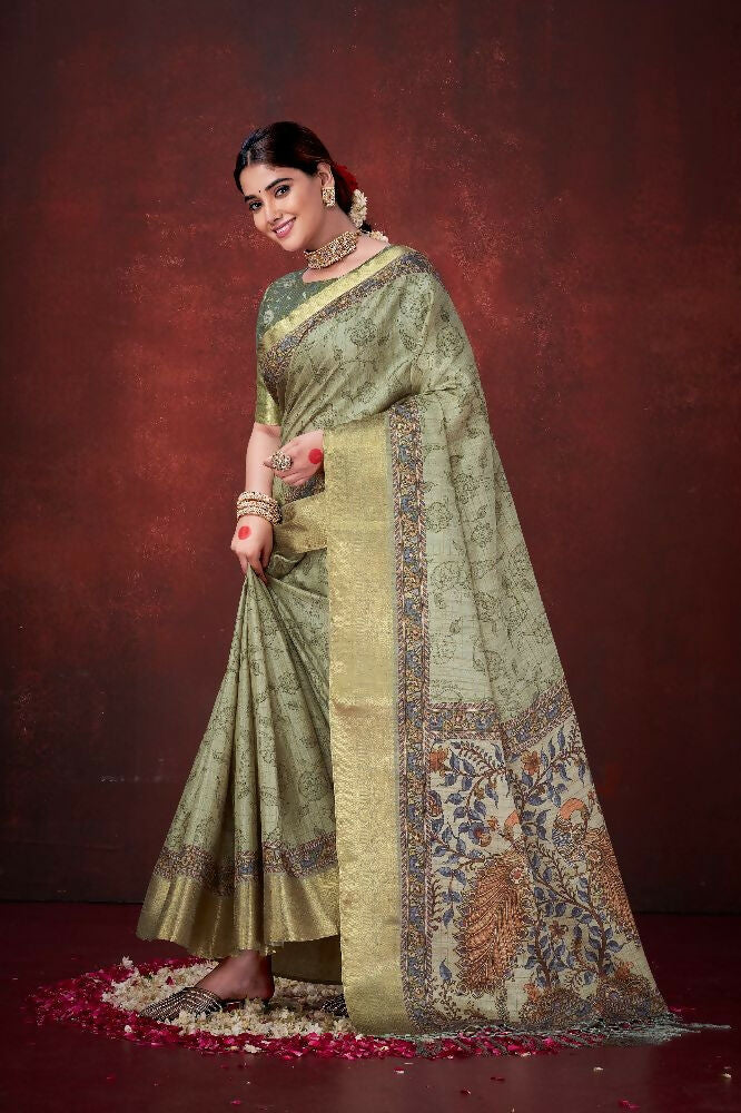 Pista Green Poly Habotai Silk Foil Print Saree with Unstitched Blouse - Kathari