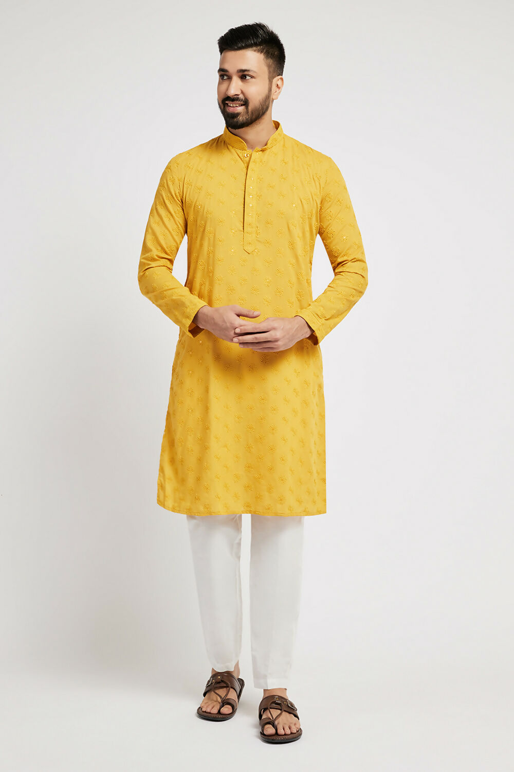 Ethnic India Yellow Men's Kurta Ethnic Motifs Cotton