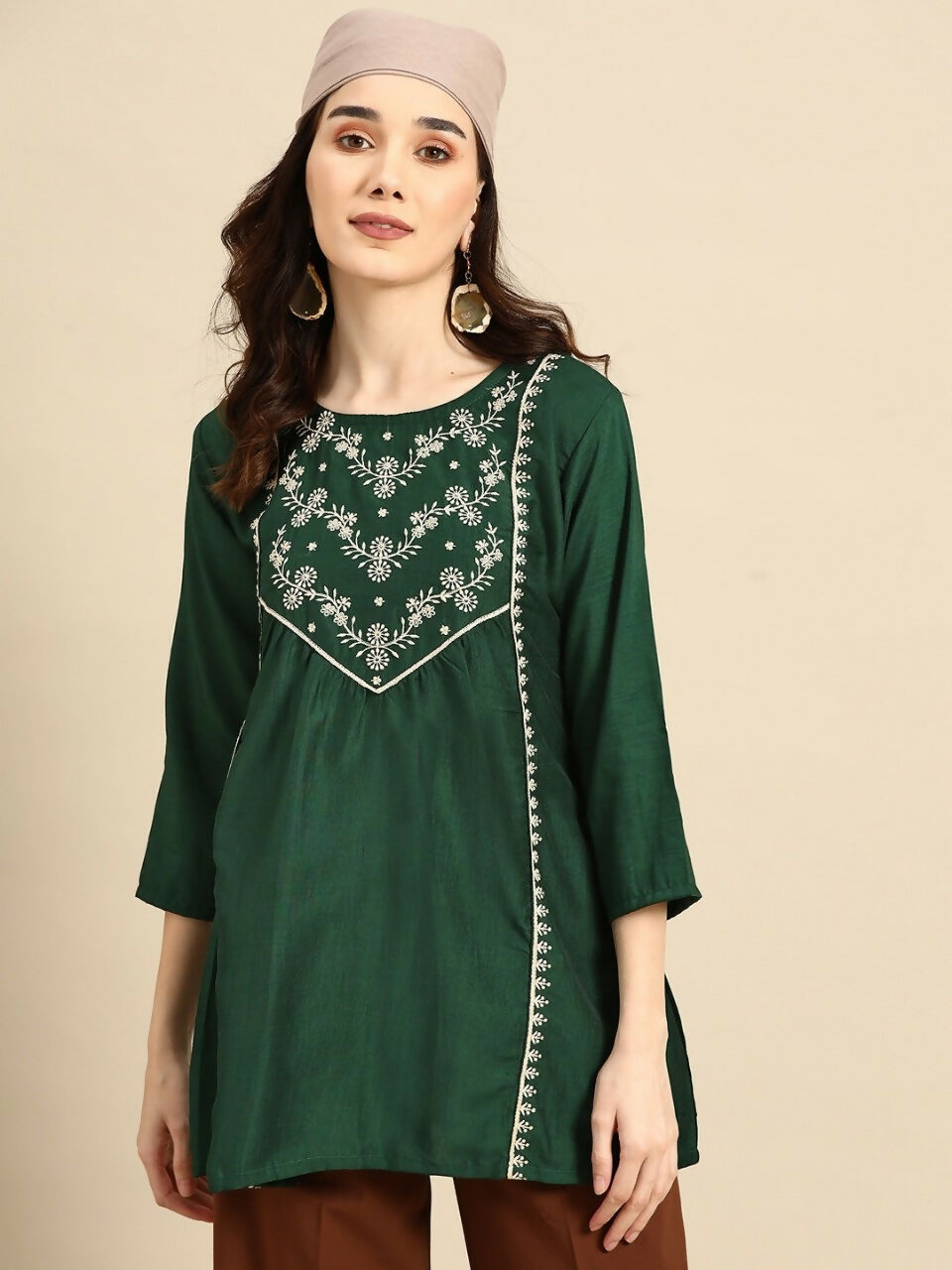 Women's Dark Green Viscose blend Embroidered Short Top - Marina