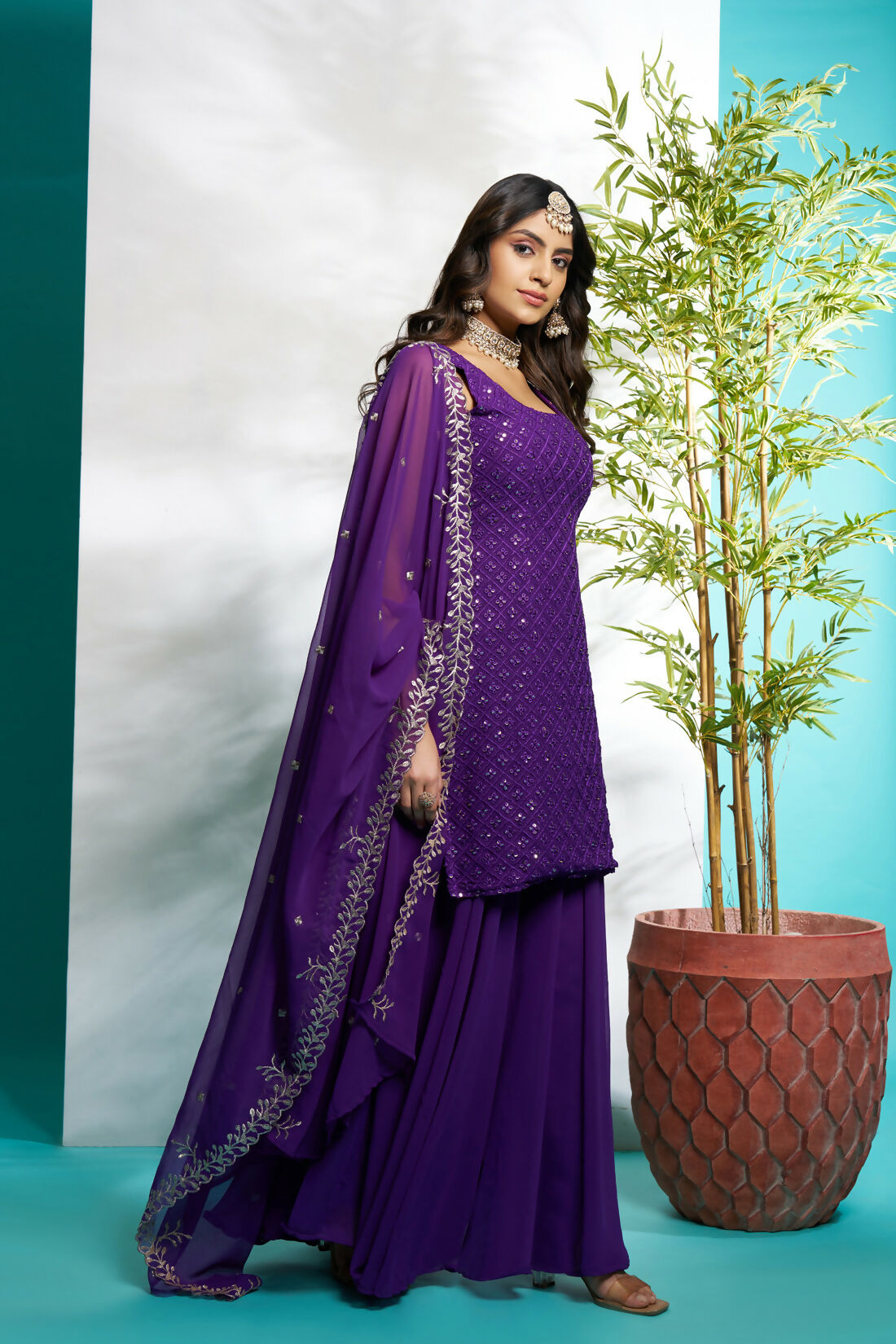 Aayaa Designer Faux Gorgette Embroidery Zari Sequins Thread work Full Flaired plazzo Suit with Dupatta - Purple