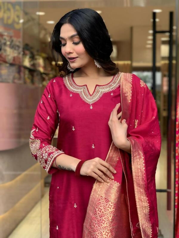 The52 Maroon Beautiful Embroidered Viscose Chanderi Fabric Straight Kurta Pant with Dupatta Set - Distacart