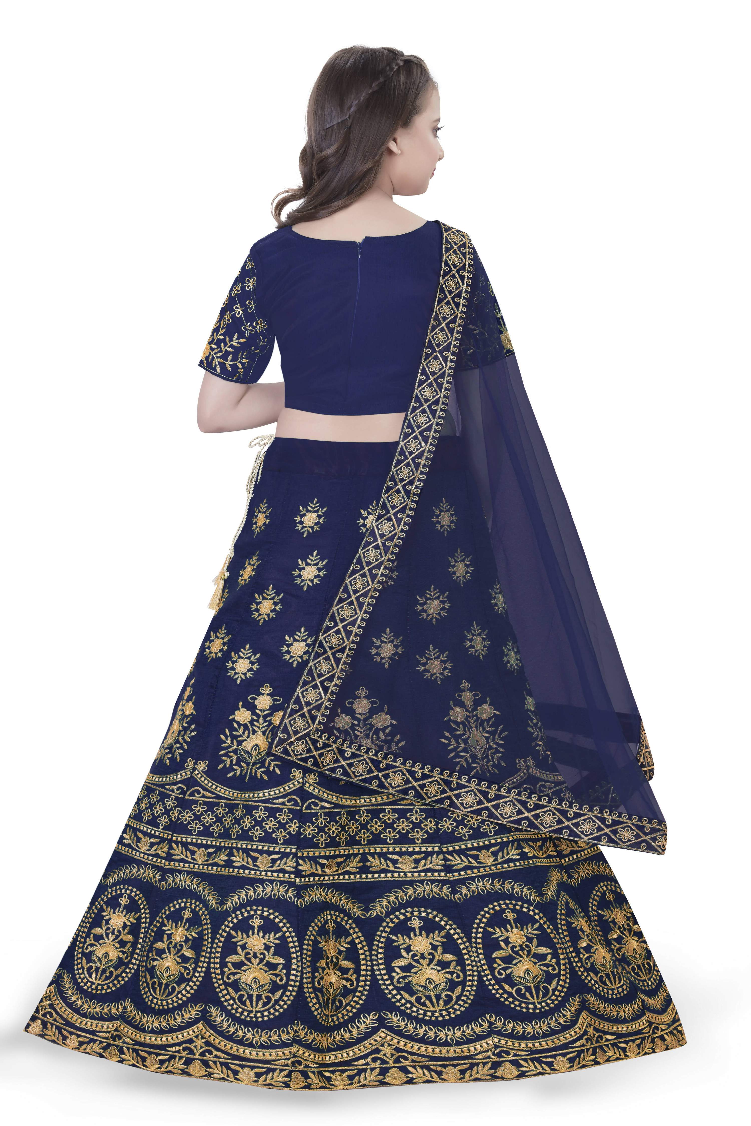 Dwiden Navy Blue Lehriyu Tafetta Sattin Semi-Stitched Girl's Lehenga Choli