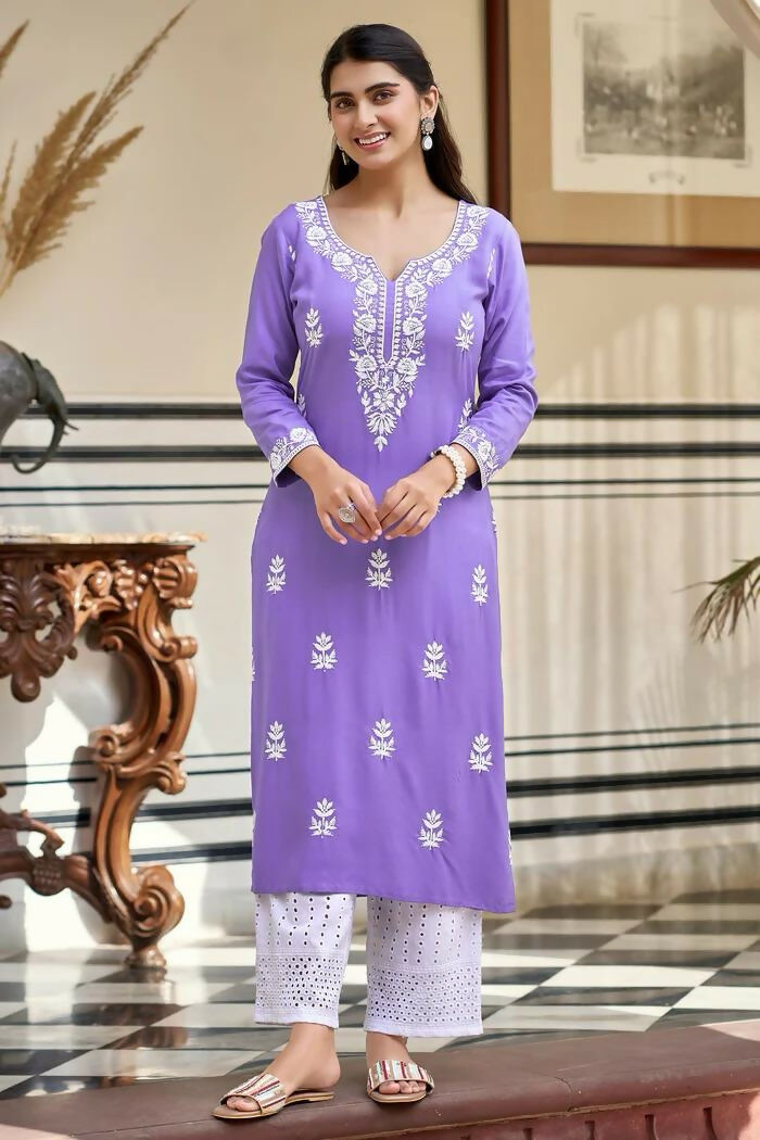 The52 Lavender Women's Gorgeous Chikankari work Pure Rayon Fabric Straight Kurta, Pant Set - Distacart