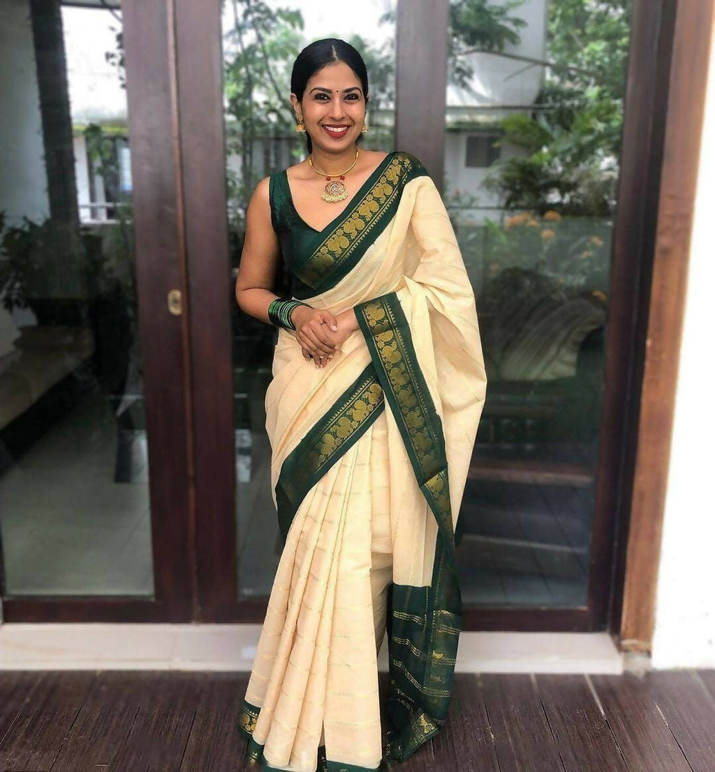 DEIANA'S Beautiful Designer Golden zari Soft Lichi Silk Saree - White