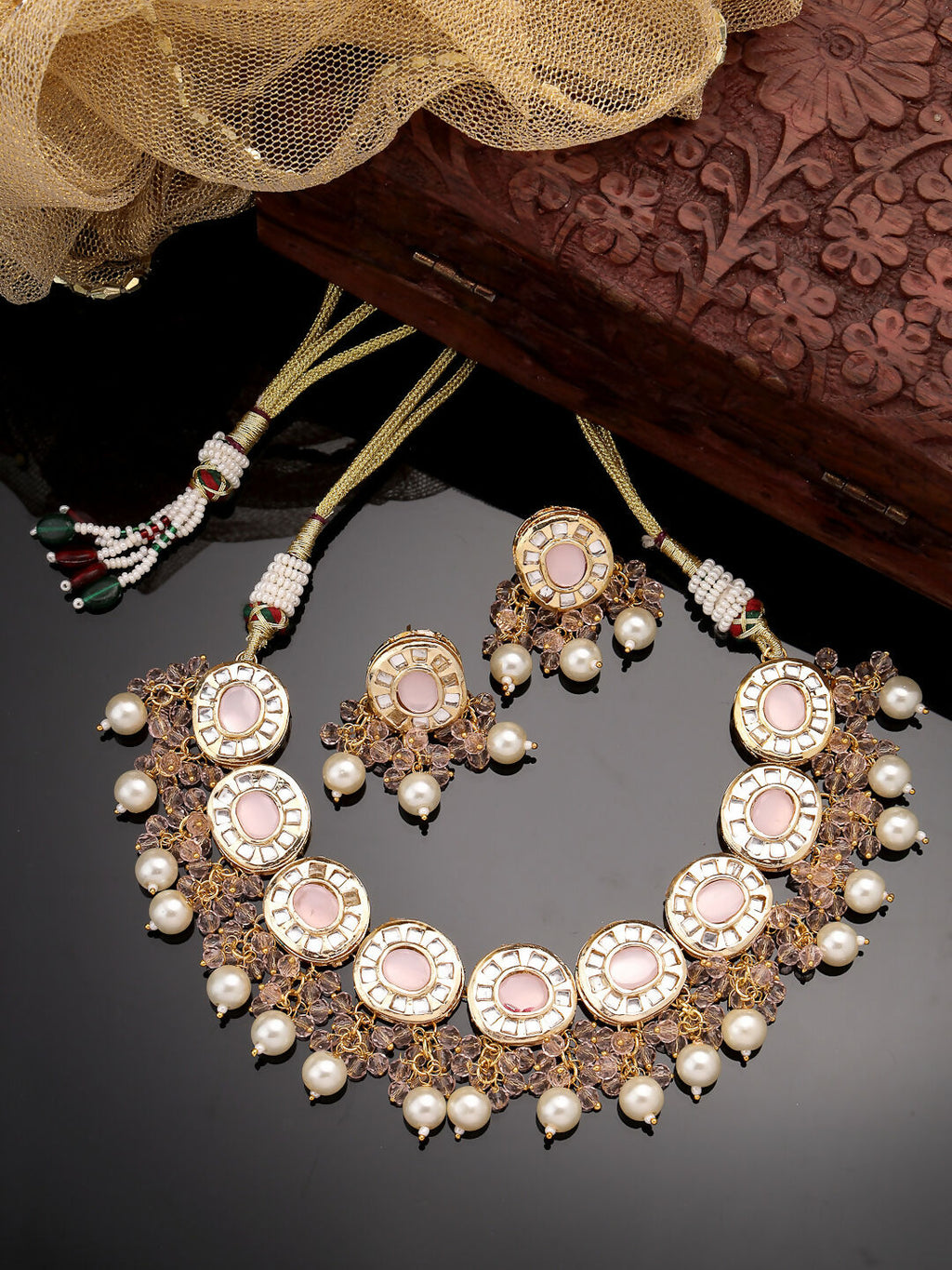 NVR Women Gold-Polished Kundan-Studded & Beaded Jewellery Set Necklace and Earrings