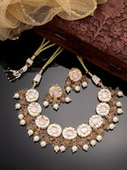 NVR Women Gold-Polished Kundan-Studded & Beaded Jewellery Set Necklace and Earrings