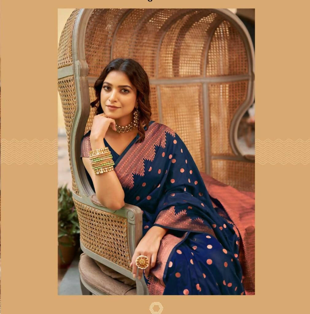 DEIANA'S Beautiful Designer Golden zari Soft Lichi Silk Saree - Navy Blue