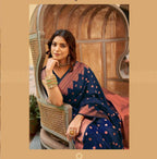 DEIANA'S Beautiful Designer Golden zari Soft Lichi Silk Saree - Navy Blue