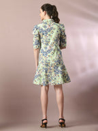 Myshka Women's Green Printed Shirt Collar Fit and Flare Party Dress - Distacart