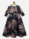 Ahalyaa Navy Blue Digital Print Floral Kids Dress For Girls