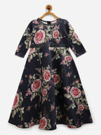 Ahalyaa Navy Blue Digital Print Floral Kids Dress For Girls