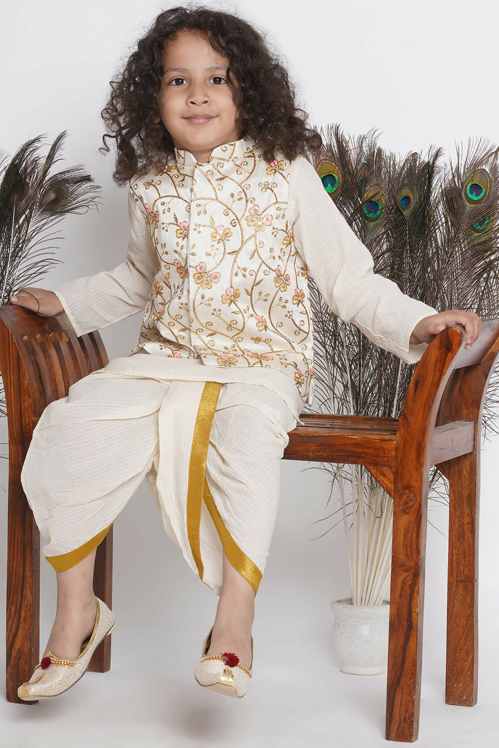 Little Bansi Banarsi Silk Orange Pink Floral Embroidery Jacket With Cotton Kantha kurta And Kantha Dhoti - Cream