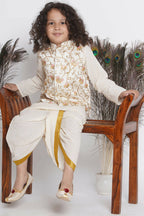 Little Bansi Banarsi Silk Orange Pink Floral Embroidery Jacket With Cotton Kantha kurta And Kantha Dhoti - Cream