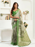 Joban Fashion Green Floral & Ethnic Motifs Linen Ready To Wear Saree With Unstitched Blouse - Distacart