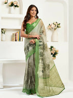 Joban Fashion Green Floral & Ethnic Motifs Linen Ready To Wear Saree With Unstitched Blouse - Distacart
