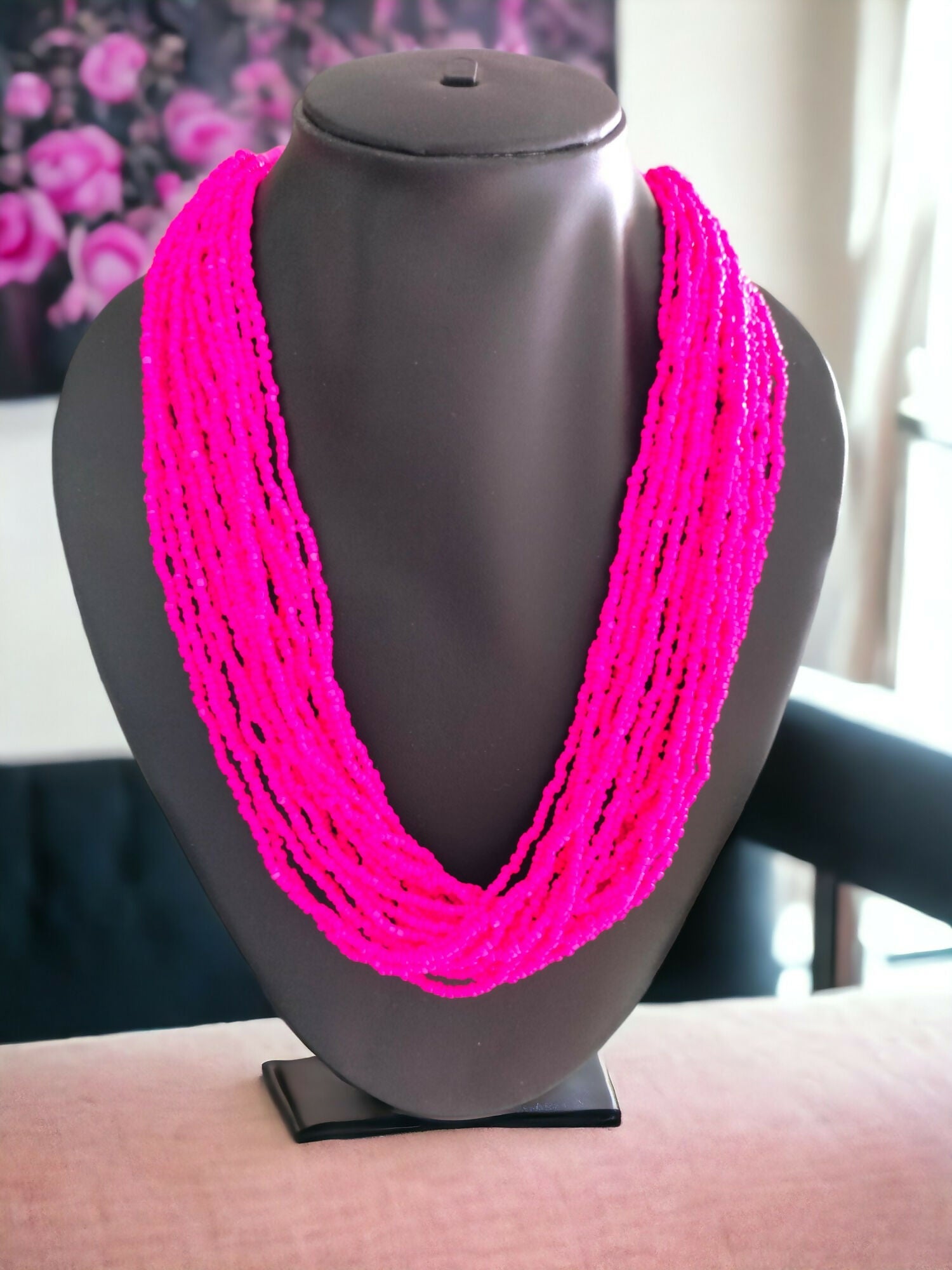 Inhanns Handmade Beaded Multilayer Necklace, 20 Layers - Hot Pink