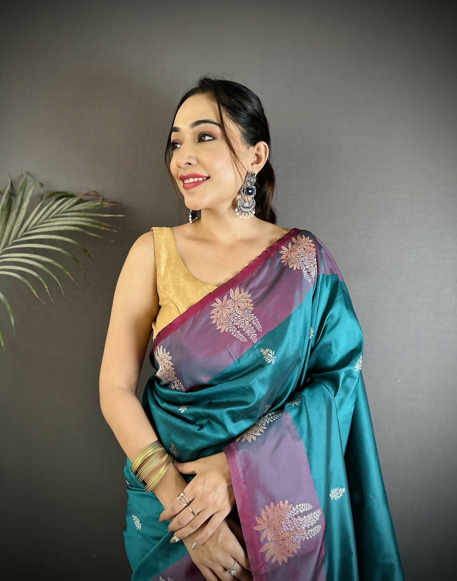 Joban Fashion Teal Small Butti Soft Silk Banarasi Saree - Distacart