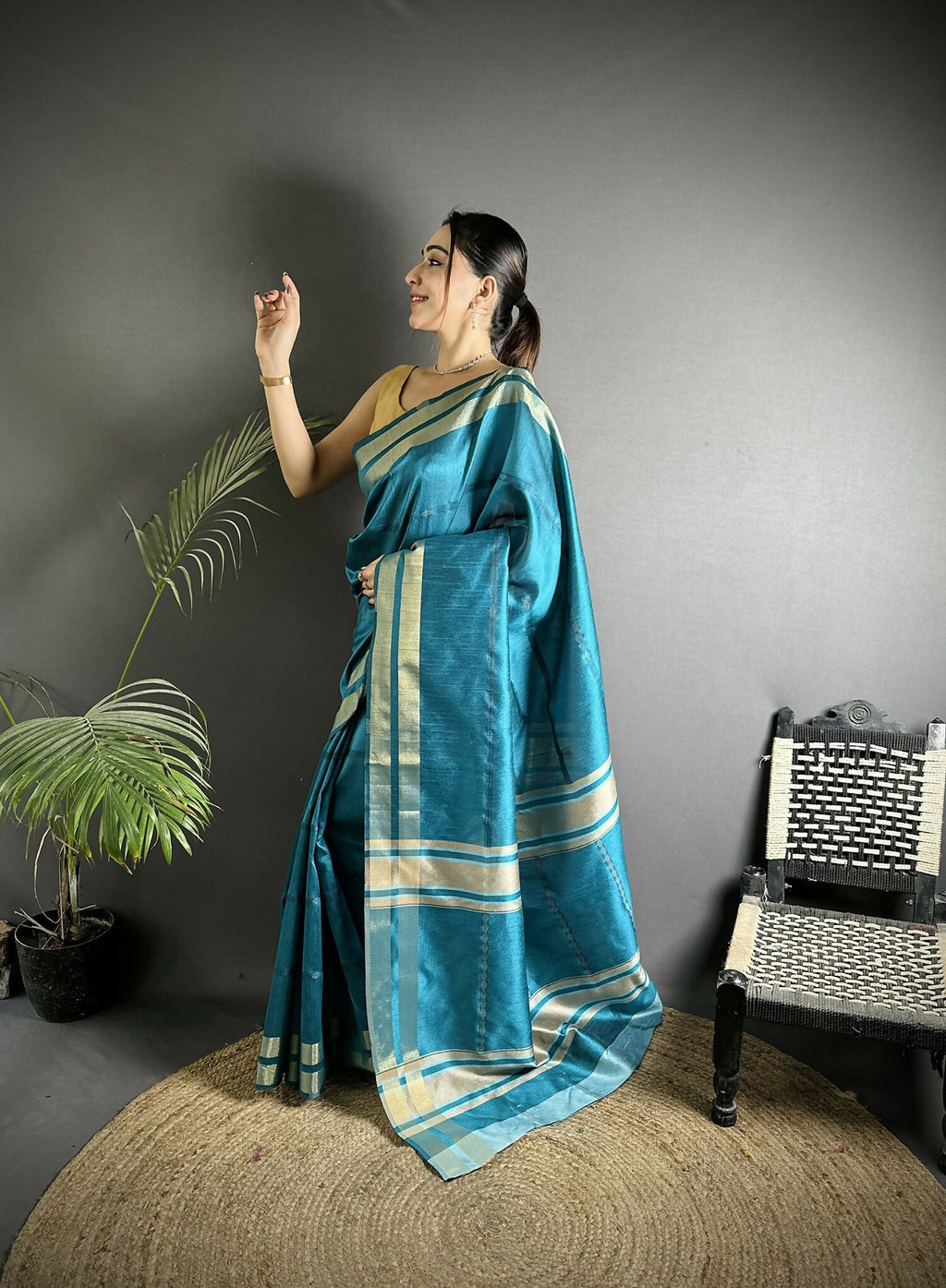 Joban Fashion Turquoise Woven Pattern Raw Silk Kanjivaram Silk Saree - Distacart