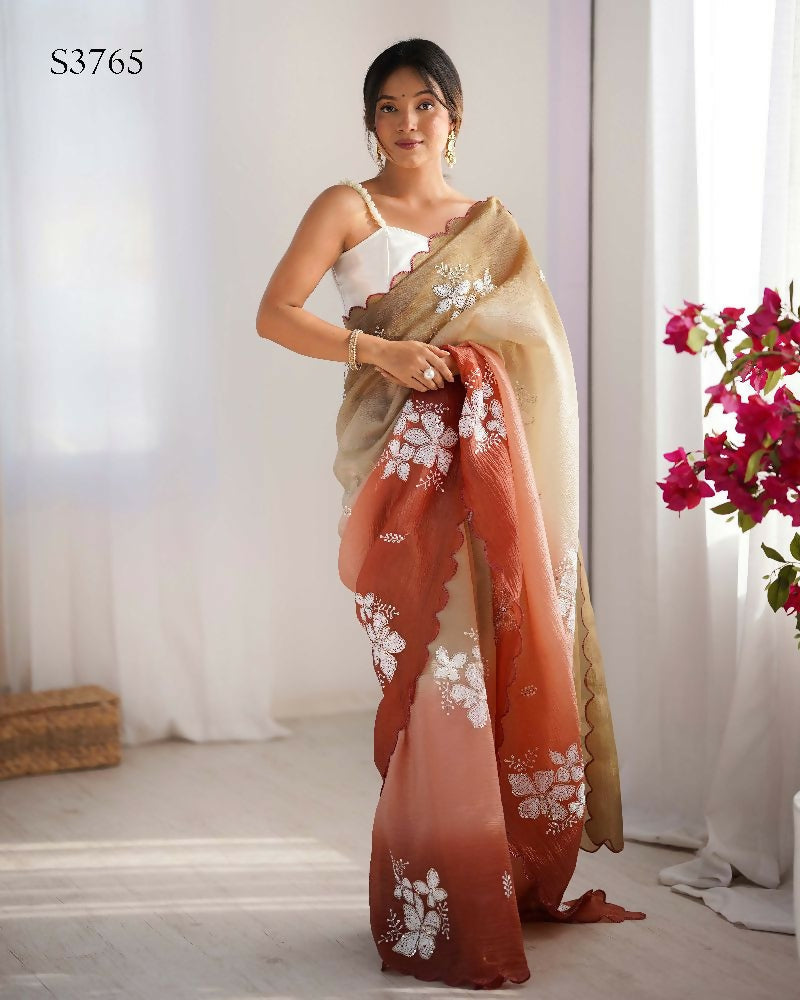 Choco and Orange Crunchy Crush Pedding Color Embroidery Work Party Wear Saree - Zuleika