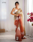 Choco and Orange Crunchy Crush Pedding Color Embroidery Work Party Wear Saree - Zuleika