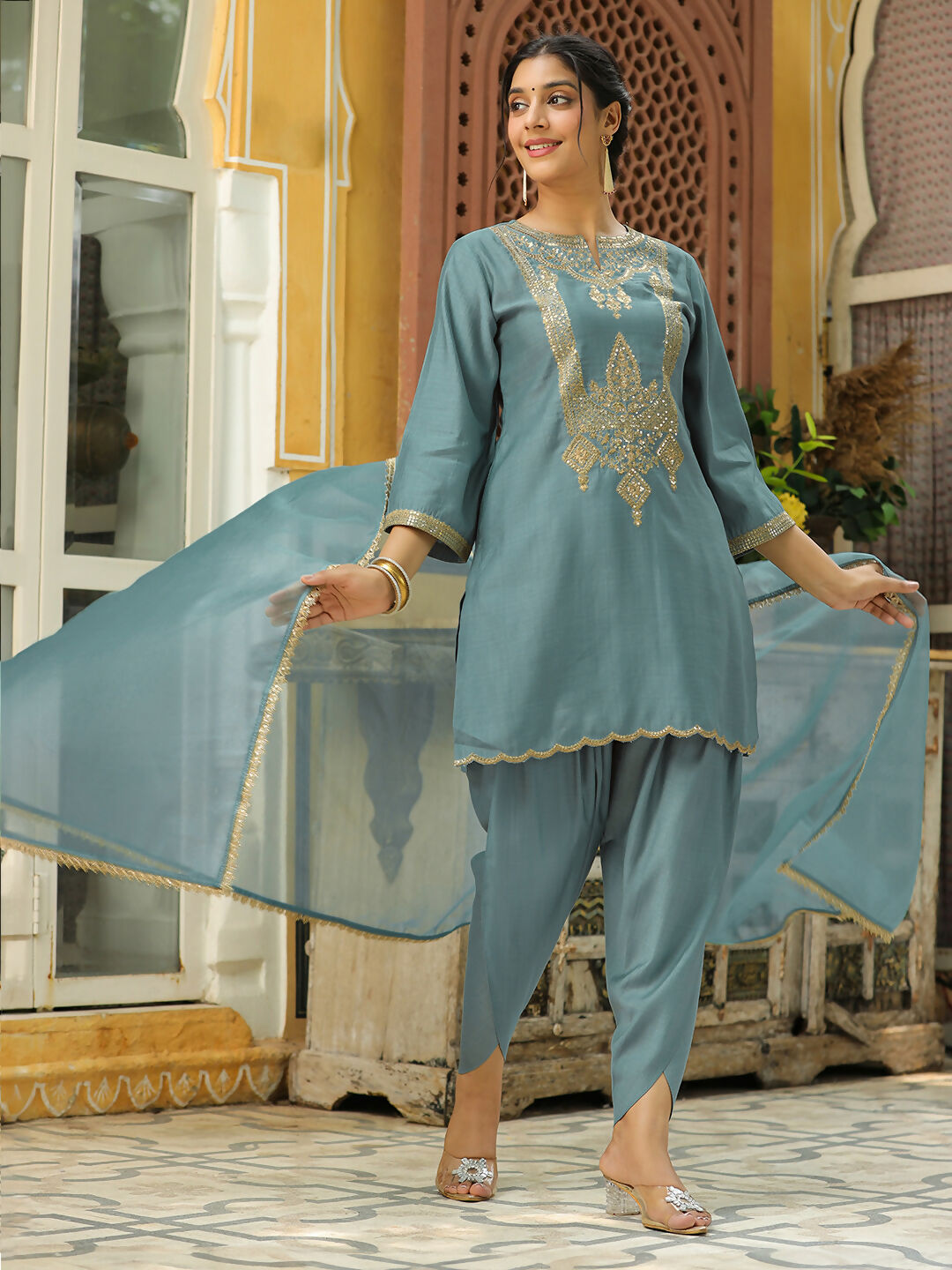 Janasya Light Blue Silk Blend Solid Kurta,Bottom & Dupatta