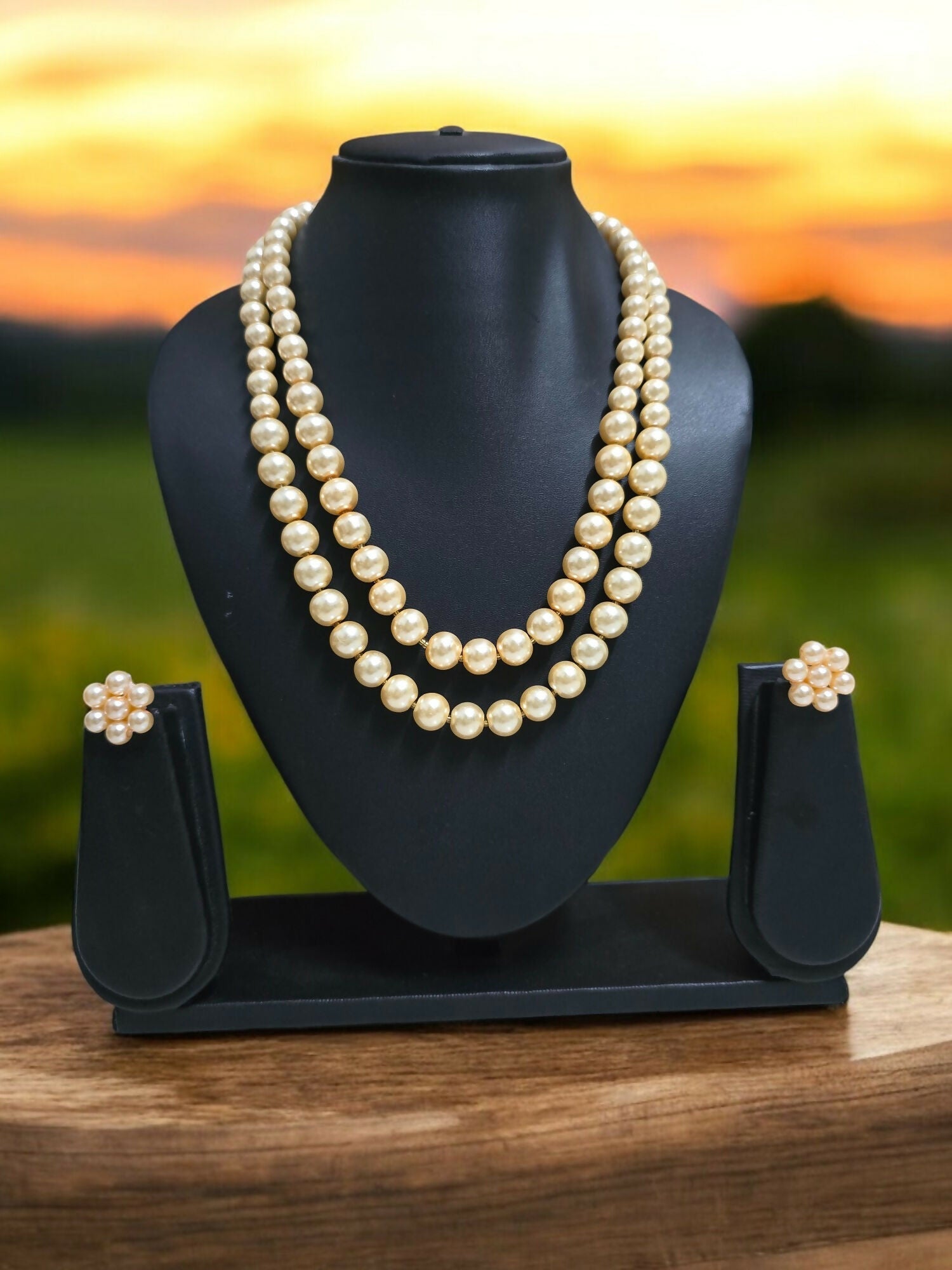Inhanns Everyday Workwear Pearl Set (Double Layered Pearls) - Beige