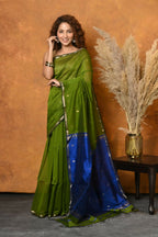 Very Much Indian Handloom Pure Cotton Silk Saree With Sleek Golden Border - Green