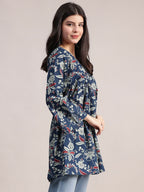 Aavyora Women's Navy Blue Cotton Tunic with Red and White Floral Print, Pin-Tuck Detailing, and Flared Sleeves