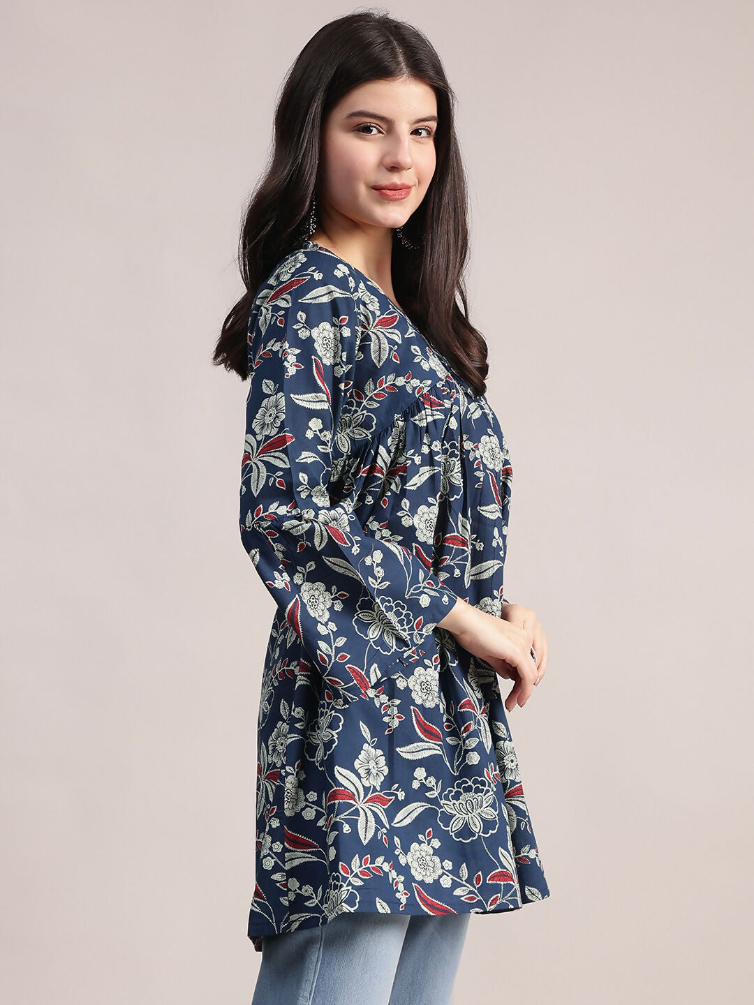 Aavyora Women's Navy Blue Cotton Tunic with Red and White Floral Print, Pin-Tuck Detailing, and Flared Sleeves
