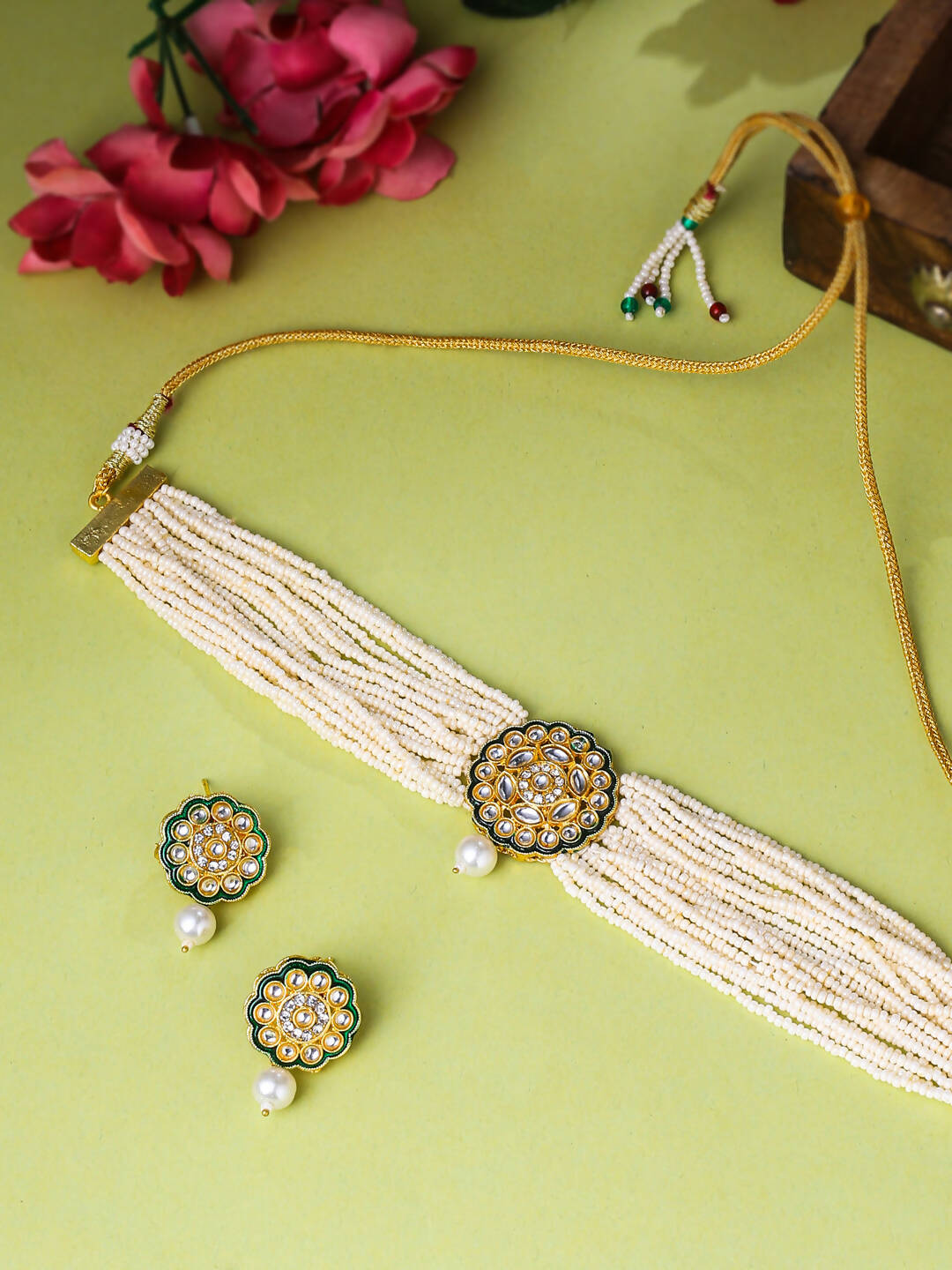 NVR Women Gold-Polished Kundan Studded Jewellery Set