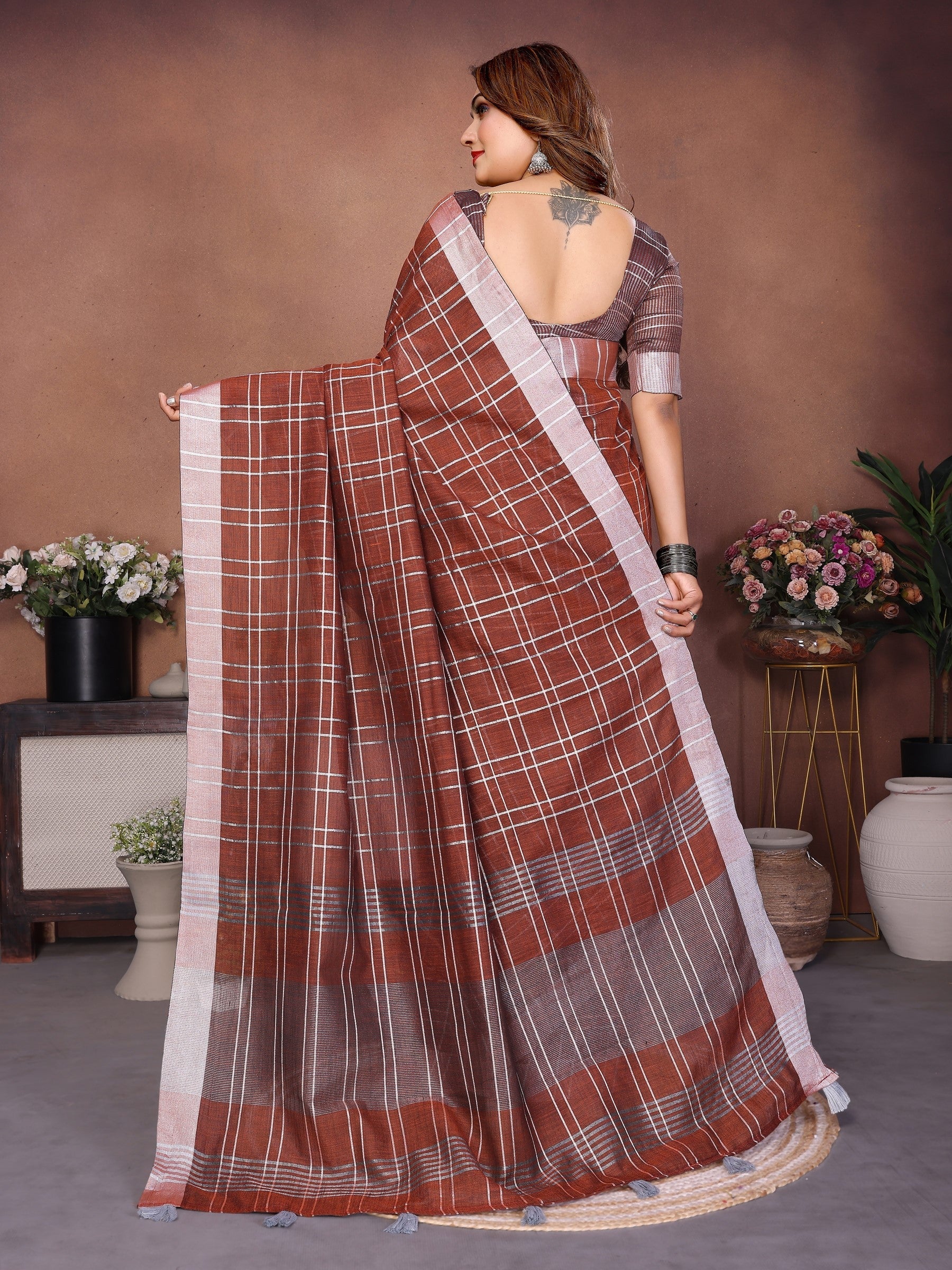 Anaita Brown Weaving Linen Cotton Saree With Blouse - Distacart