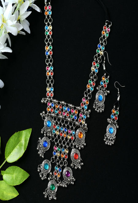 Mominos Fashion Johar Kamal Oxidised Silver-Plated Brass Finish Multi Kundan Afghani Long Necklace For Women