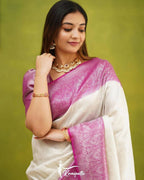 DEIANA'S Beautiful Designer Golden zari Soft Lichi Silk Saree - White