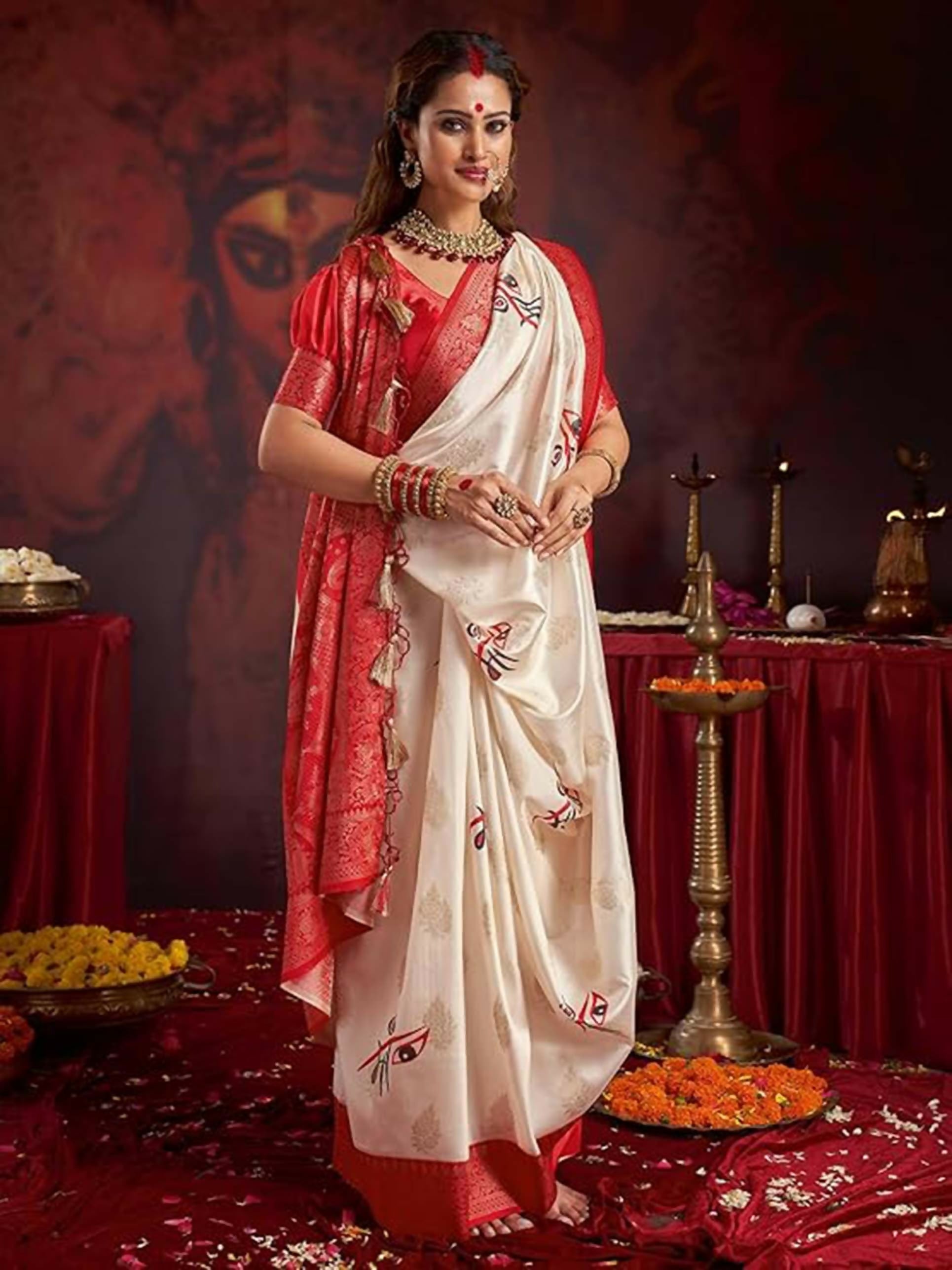 Joban Fashion Satin Silk Off White Floral Printed Saree - Distacart