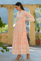 Juniper Women's Peach Cambric Floral Printed Maxi Tiered Dress - Distacart