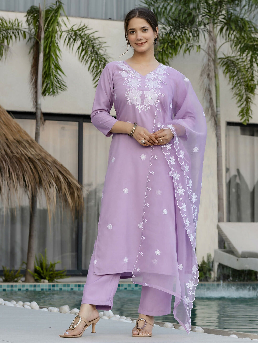 The52 Lavender Women's Beautiful Thread work Rayon Fabric with Straight Kurta, Pant and Dupatta Set - Distacart