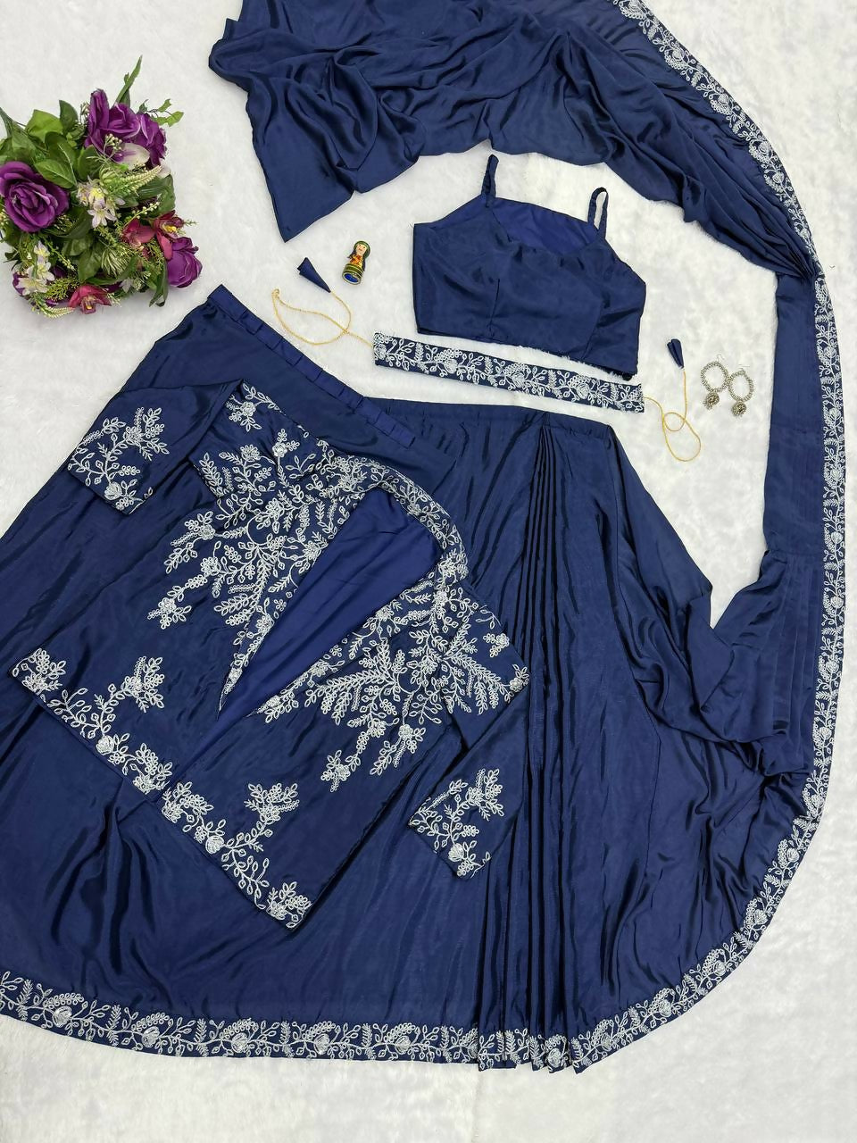 Teeya Creation Blue Color Chinon Silk Wedding Wear Ready To Wear Saree With Koti - Distacart