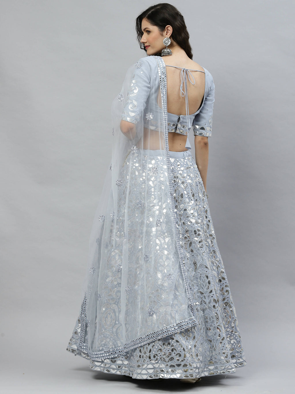 Sky Blue Georgette Paper Mirror Embroidery Work Lehenga Choli with Dupatta - Jivika