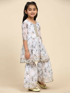 Alakhi Studio Girls Floral Georgette Printed Round-Neck Kurta With Sharara - White