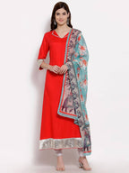 Myshka Women's Red Cotton 3/4 Sleeve V Neck Solid Casual Anarkali Kurta Dupatta Set