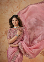 Pink Banarasi Crush Silk Thread, Sequence, Cord and jari Embroidered with Stone Work Saree - Mohmanthan Dakshika
