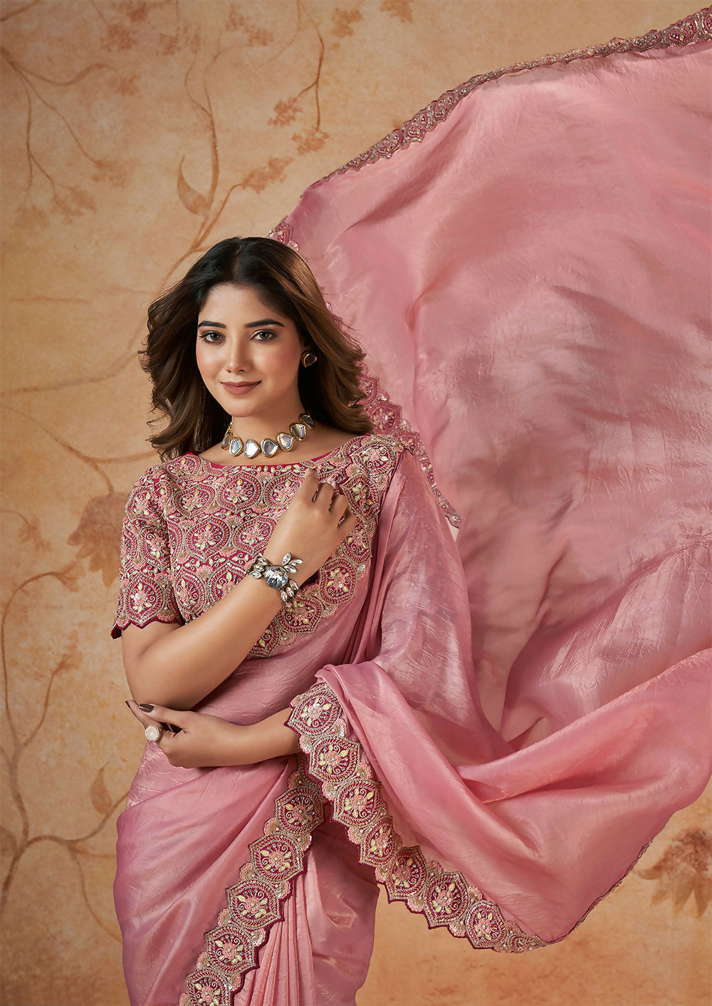 Pink Banarasi Crush Silk Thread, Sequence, Cord and jari Embroidered with Stone Work Saree - Mohmanthan Dakshika