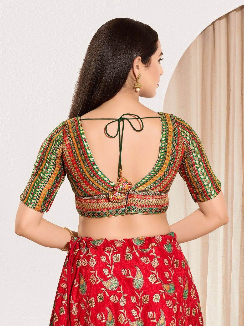Joban Fashion Green Multi Brocade Padded Blouse With V Neck Elbow Sleeves - Distacart