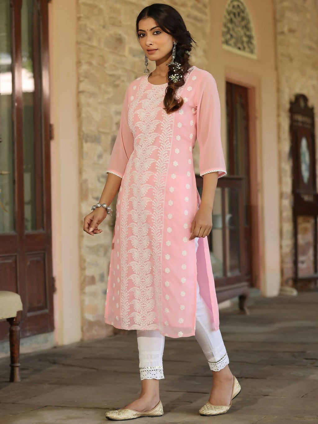Juniper Women's Pink Georgette Printed Kurta - Distacart