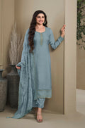 Anaita Blue Heavy Natural Crepe Stitched Suit with Embroidery & Zarkhan Work - Distacart