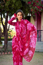 Vastranavya Pink Chiffon Floral Printed & Pearl Lace Border Saree with Unstitched Blouse